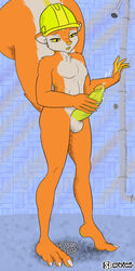 anthro armor balls big_penis bodily_fluids claws cum drain fedupfox fur genital_fluids genitals hard_hat headgear helmet hi_res male mammal masturbation mephitid multicolored_body multicolored_fur orange_body orange_fur penis penis_tip pipes seif_t._lock shower skunk solo two_tone_body two_tone_fur yellow_eyes