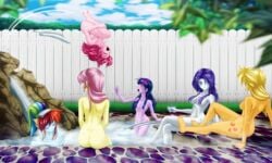 6girls applejack_(mlp) blonde_hair blue_eyes blue_skin bubble_butt cannonball_(dive) cutie_mark equestria_girls fence fluttershy_(mlp) friendship_is_magic hair_covering_breasts hair_over_breasts harem hot_spring magenta_hair mane_six_(mlp) mauroz multicolored_hair multiple_girls my_little_pony orange_skin pink_hair pink_skin pinkie_pie_(mlp) purple_hair purple_skin rainbow_dash_(mlp) rainbow_hair rarity_(mlp) smooth_skin twilight_sparkle_(mlp) upside-down white_skin yellow_skin