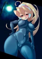 1girls big_breasts blue_bodysuit bodysuit bottomless cameltoe ciel_(mega_man) female latex_suit mega_man mega_man_zero plump_pussy png pussy semikichi solo standing tagme