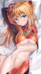 @shun arm_up armpits ass_visible_through_thighs asuka_langley_sohryu blonde_hair blue_eyes blush breasts clothing female highres interface_headset long_hair looking_at_viewer lying medium_breasts midriff midriff_peek navel neon_genesis_evangelion on_back plugsuit revealing_layer shun skin_tight solo stomach twintails underboob x-ray x-ray_view x-ray_vision