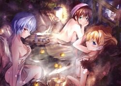 3girls asuka_langley_sohryu blue_hair blush bottle breasts brown_hair city_lights female highres human light_skin light_skinned_female long_hair looking_at_viewer mari_illustrious_makinami multiple_girls neon_genesis_evangelion onsen orange_hair pale-skinned_female pale_skin rebuild_of_evangelion rei_ayanami sake_bottle short_hair shun towel water