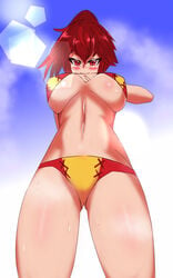 1girls alternate_costume anna_(fire_emblem) anna_(fire_emblem_awakening) big_breasts bikini finger_to_chin finger_to_mouth finger_to_own_chin fire_emblem fire_emblem_awakening from_below huge_breasts inferior_version large_breasts looking_down medium_hair nintendo pibu ponytail red_bikini red_eyes red_hair red_swimsuit smile solo solo_female sweat swimsuit underboob yellow_bikini yellow_swimsuit