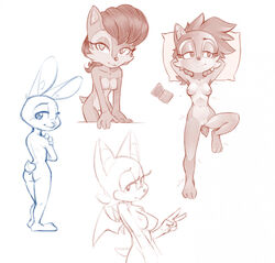 4_fingers anthro archie_comics breasts chipmunk chiropteran crossover disney eyelashes fingers hair half-closed_eyes judy_hopps lagomorph long_ears looking_at_viewer medium_breasts monochrome nipples qrog rabbit rouge_the_bat rough_sketch sally_acorn sketch small_breasts small_tail smile sonic_(series) sonic_the_hedgehog_(archie) sonic_the_hedgehog_(comics) wings zootopia