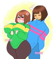 1boy 1girls blush breast_hold brown_hair chara closed_eyes embarrassed female_focus flustered frisk fully_clothed heart holding_breast large_areolae large_breast male red_eyes squinting straight sweater taller_female thick_thighs undertale wide_hips yourhero_ine