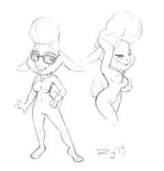 anthro bell breasts dawn_bellwether disney eyebrows female glasses hair hooves medium_breasts monochrome nipples qrog rough_sketch sheep sketch standing tongue tongue_out wool wool_(fur) zootopia