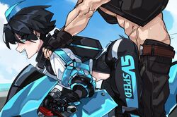 1boy 1girls ahoge aqua_eyes aqua_hair backpack bag bent_over biker_clothes black_gloves black_hair black_survival blue_sky blush clothed_sex commentary cropped_jacket day doggy_style earrings english_commentary female from_side gloves ground_vehicle highres jacket jewelry magnus_scott motor_vehicle motorcycle multicolored_hair muscular muscular_male on_motorcycle open_mouth outdoors pants sex sex_from_behind short_hair silvia_piquet sky straight sweat tight tight_pants tomboy two-tone_hair upper_teeth white_jacket zanamaoria