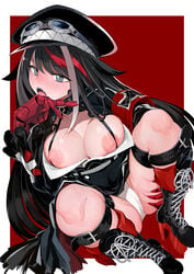 armband azur_lane belt black_footwear black_hair black_headwear blue_eyes boots breasts breasts_out cameltoe cross-laced_footwear deutschland_(azur_lane) female gauntlets goggles goggles_on_headwear hat highlights highres lace-up_boots large_breasts long_coat long_hair multicolored_hair nipples peaked_cap red_hair sharp_teeth solo takeakigaku teeth very_long_hair white_hair