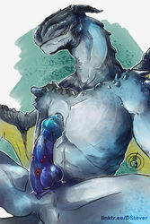 absurd_res anthro blue dragon dragonfolk dstever erection genitals hi_res horn lizard male painting_(artwork) penis reptile scale_(disambiguation) scales scalie smile smirk smug solo traditional_media_(artwork) watercolor_(artwork) wings