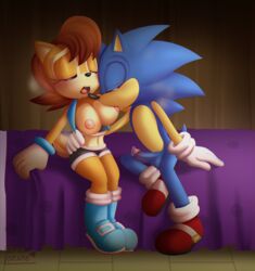 anthro apinkgrape archie_comics black_nose blue_body blush breast_sucking breasts brown_body chipmunk closed_eyes clothing female fingers hair hairgrape male nipples penis precum red_hair saliva sally_acorn shoes sonic_(series) sonic_the_hedgehog sonic_the_hedgehog_(archie) sonic_the_hedgehog_(comics) sucking tan_body tan_fur