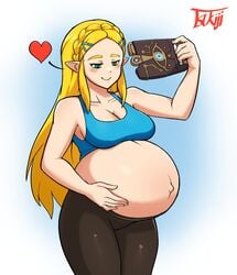 2021 artist_name big_breasts blonde_hair blush breath_of_the_wild cleavage crown_braid elf_ears green_eyes hair_clips hand_on_pregnant_belly heart long_blonde_hair long_hair nintendo pregnant princess_zelda selfie sheikah_slate smile spoken_heart sports_bra the_legend_of_zelda the_legend_of_zelda:_breath_of_the_wild tsukiji yoga_pants zelda_(breath_of_the_wild)