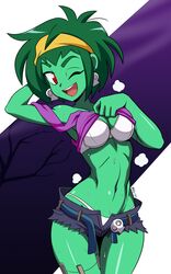 1girls alternate_version_available bra daisy_dukes green_hair green_skin mergeritter red_eyes rottytops shantae short_green_hair short_hair smooth_skin solo sweat wayforward wink zombie zombie_girl