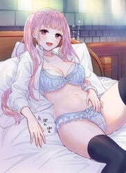 1girls blush bow_panties bra breasts cameltoe cleavage female fire_emblem fire_emblem:_three_houses frilled_panties hilda_valentine_goneril inviting japanese_text laying_on_bed lingerie lying lying_on_back n2ewu navel nintendo no_pants open_clothes open_shirt panties pink_eyes pink_hair puku_(artist) text thighhighs translation_request twintails underwear white_panties