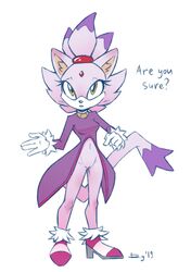 5_fingers anthro blaze_the_cat bottomless casual clothed clothing domestic_cat female fingers footwear forehead_jewel gem gloves hair handwear inner_ear_fluff mostly_nude navel pointing ponytail purple_body purple_hair pussy qrog shoes sonic_(series) white_body white_fur yellow_eyes