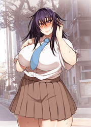 curvy curvy_figure huge_breasts jimiko korotsuke looking_at_viewer momoe_nekura purple_hair school_uniform schoolgirl skirt student the_creepy_glasses_girl thick_thighs voluptuous