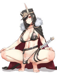 1futa ball_bulge balls balls_in_panties balls_under_clothes barefoot bead_bracelet beads belt bikini black_bikini black_hair blush bracelet breasts cape choker cleavage clothed clothing covered_nipples dickgirl flaccid futa_only futanari hair_over_one_eye horns humanoid intersex jewelry kageshio_(276006) katana long_hair looking_at_viewer medium_hair midnight_girls mostly_nude navel oni_horns pale_skin panties panty_bulge penis penis_bulge penis_in_panties penis_under_clothes pointy_ears red_eyes sheath sheathed small_clothes small_panties smile solo spread_legs squatting swimsuit sword testicles tiptoes weapon yaegumo_(midnight_girls)