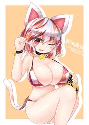 :3 animal_ears bell_collar blush breasts cat_ears cat_tail catgirl collar large_breasts lirucat_caramel mike_goutokuji multicolored_hair red_eyes riru_neko sitting swimsuit tagme tail touhou