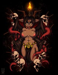 2019 abs abstract_background anthro baphomet baphomet_(species) black_background black_hair blood bovid breasts buckteeth caprine caprine_demon cigarette clothed clothing demon ear_piercing feathered_wings feathers female fire grin hair hi_res horn loincloth long_tongue looking_at_viewer mammal nipple_piercing nipples piercing red_eyes robe simple_background skull smile smoking solo spikes teeth tentacle tongue tongue_piercing topless undressing wings zombieray10