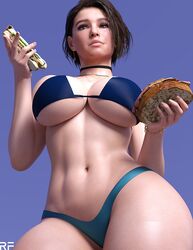 1girls 3d abs big_breasts bikini blue_eyes bob_cut breasts choker cocked_hip earrings female female_only fit food hi_res high_resolution highres jill_valentine jill_valentine_(sasha_zotova) large_breasts looking_at_viewer looking_down meme midriff navel necklace no_eyewear panties realistic resident_evil resident_evil_3 resident_evil_3_remake rude_frog sandwich short_hair simple_background skimpy_bikini solo thick_thighs underboob