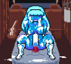 alien altbeils animated bangs big_breasts big_penis blue_hair blue_lipstick blue_skin blush breasts collarbone cowgirl_position cum cum_in_mouth cumshot dickgirl dildo futanari gif hair_over_one_eye penetration pixel_art pussy sapphire_(steven_universe) socks solo solo_futa steven_universe stockings thick_thighs tongue tongue_out vaginal_penetration