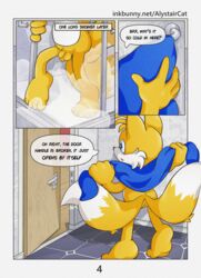 1boy absurd_res alystaircat animal anthro canid canine comic comic_page dialogue drying english_dialogue english_text flaccid fox fur genitals hi_res male male_focus male_only mammal mobian_(species) nude page_4 page_number penis sega shower solo solo_male sonic_(series) sonic_the_hedgehog_(series) tails tails_the_fox text towel video_games yaoi young