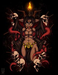 2019 abs abstract_background anthro baphomet baphomet_(species) black_background black_hair blood bovid breasts buckteeth caprine caprine_demon cleavage clothed clothing demon ear_piercing feathered_wings feathers female fire grin hair horn loincloth long_tongue looking_at_viewer mammal piercing red_eyes robe simple_background skimpy skull smile smoking solo spikes teeth tentacle tongue tongue_piercing under_boob undressing wings zombieray10