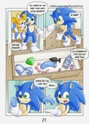 absurd_res alystaircat anthro balls blush briefs canid canine carrying_over_shoulder carrying_partner chaos_emerald clothing comic comic_page dildo drawer duo erection eulipotyphlan footwear fox fur genitals gloves handwear hedgehog hi_res lube_bottle male male/male mammal nude penis sex_toy socks sonic_(series) sonic_the_hedgehog sonic_the_hedgehog_(series) tails underwear young