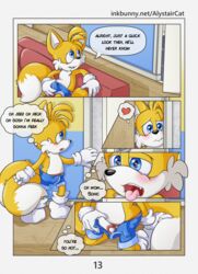 absurd_res alystaircat anthro blush bodily_fluids bottomwear briefs bulge canid canine clothed clothing comic comic_page english_text erection erection_under_clothing fox fur genital_fluids gloves handwear hi_res male male_only mammal masturbation masturbation_through_clothing mobian_(species) page_13 page_number peeping precum precum_through_clothing precum_through_underwear sega shorts solo sonic_(series) sonic_the_hedgehog_(series) stroking tails tongue tongue_out underwear voyeur wet wet_clothing young