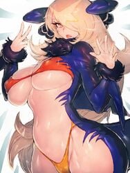 1girls belly big_breasts bikini_top blonde_hair bra cleavage cosplay cynthia_(pokemon) dragon_girl fangs female fumio_(rsqkr) fusion garchomp garchomp_(cosplay) hair_accessory long_hair looking_at_viewer monster_girl navel nintendo orange_eyes pokemon pokemon_(cosplay) pokemon_(species) pokemon_dppt sharp_teeth solo solo_female tagme tail thick_thighs thong underboob wide_hips