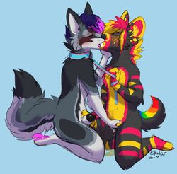 anthro bodily_fluids canid canine collar duo female fingering fur genital_fluids hi_res kissing kneeling leash leash_pull male male/female mammal multicolored_body multicolored_fur peeing rainbow_body rainbow_fur redfeatherstorm urine watersports