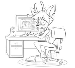 2020 4_toes anthro antlers basil_(hotbrotkuroi) black_and_white caught cervid computer desk feet foot_fetish furniture genitals hooves horn hotbrotkuroi humanoid_feet looking_at_porn looking_at_viewer male mammal monochrome penis solo swivel_chair toes