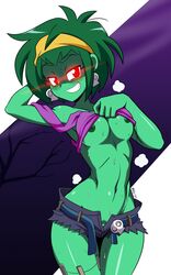 1girls alternate_version_available daisy_dukes evil_grin glowing_eyes green_hair green_skin grin mergeritter nipples red_eyes rottytops shantae short_green_hair short_hair smooth_skin solo sweat wayforward zombie zombie_girl