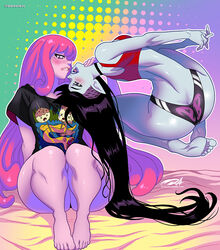 2girls adventure_time ass_cleavage black_hair black_t-shirt butt_crack canon_couple couple darkereve female_humanoid female_only floating grey_skin humanoid long_hair marceline multiple_girls pink_eyes pink_hair pink_sheets pink_skin pointy_ears princess_bubblegum red_bra red_tank_top shirt_only t-shirt vampire yuri