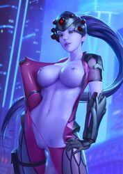 1girls 3d blizzard_entertainment bra breasts brown_eyes female female_only long_hair looking_at_viewer misusart open_clothes overwatch perky_breasts purple_skin pussy torn_clothes undressing weapon widowmaker yellow_eyes