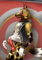 7nulls absurd_res african_wild_dog alternate_version_at_source animal_crossing animal_genitalia animal_penis anthro balls blush bodily_fluids bottomless canid canine canine_penis clothed clothing erection genital_fluids genitals glistening glistening_genitalia glistening_penis hi_res kyle_(animal_crossing) looking_at_viewer male male_only mammal nintendo penis precum precum_on_penis shirt smile solo topwear vest video_games wet wet_clothing wet_shirt wet_topwear