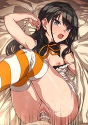 1boy bangs bed_sheet black_hair blush breasts censored erere female idolmaster idolmaster_shiny_colors kazano_hiori legs_up long_hair lying missionary mole mole_under_mouth mosaic_censoring nipples on_back open_mouth penis pussy sex solo_focus straight striped striped_legwear thighhighs vaginal_penetration