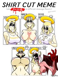 1girls 2d angel angel_girl areola_slip areolae blonde_hair blush boob_window breasts demon demon_girl demonic eyelashes halo horn horny_female huge_breasts lewd_expression nipples revealing_clothes scorchvx shirt_cut_meme short_hair sideboob topless touching_breast underboob zerith