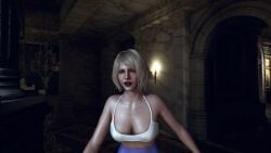 3d ashley_graham ashley_graham_(ella_freya) black_lipstick blonde_hair breast_focus breast_press breasts chocker clavicle exposed_breasts gym_clothes gym_shirt gym_uniform high_hips hips leggings pale_skin pear_shaped pink_nipples red_lipstick resident_evil resident_evil_4 skinny slutty_clothing slutty_outfit topwear translucent