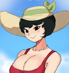 big_breasts jucika pearl_necklace straw_hat wholesome