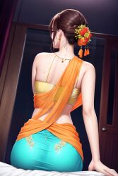 ai_generated ass ass_visible_through_clothes back brown_hair flower flower_in_hair from_behind indian indian_female saree sari sitting sitting_on_bed