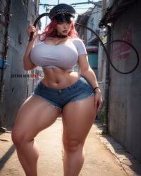 ai_generated big_breasts booty_shorts breasts capcom denim_shorts final_fight kw0337 midriff pink_hair poison_(final_fight) short_shorts shorts street_fighter thick_thighs wide_hips