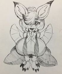 1girls angel anthro blush breasts cervid cherub clothing deer deerie_(helluva_boss) eyebrows eyelashes female freckles hair helluva_boss huge_breasts in_heat inner_ear_fluff looking_at_viewer monochrome pikapika212 smile solo tongue tongue_out vivienne_medrano wings