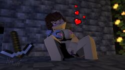 1girls breast_grab breast_squeeze breasts brown_eyes brown_hair cave female heart kaja_(kajacubed) kajacubed masturbation mine-imator minecraft prosthetic_arm solo