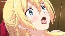 blonde_hair light_green_eyes long_hair mankitsu_happening mitsuki_otona open_mouth ribbon_in_hair saliva screencap screenshot tongue watermark yellow_hair