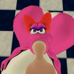 3d anthro ass big_balls birdo blender blender_(software) bow disembodied_penis dld493v2 fellatio female female_focus hands_on_breasts hyper hyper_ass hyper_breasts indoors male/female mario_(series) nintendo penis pink_skin puffed_cheeks purple_eyes self_upload super_mario_bros. tube_mouth