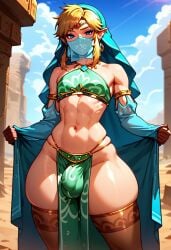 ai_generated big_ass big_butt blonde_hair bulge bulge_through_clothing crop_top dgallery ear_piercing elf elf_ears femboy flaccid flat_chest gerudo gerudo_link gerudo_top gerudo_veil link penis_outline seductive skimpy slim_waist small_penis stockings thick_thighs twink underwear