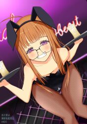 bar bent_forward bunny_ears bunnysuit fishnets holding_object leaning_forward looking_at_viewer orange_hair persona persona_5 purple_eyes sakura_futaba smiling takeminaieeru