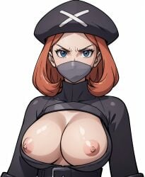 ai_generated beret exposed_breasts face_mask pokemon pokemon_bw2 stable_diffusion team_plasma team_plasma_grunt team_plasma_grunt_(female)