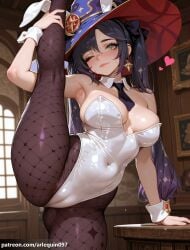 ai_generated arlequin097 mona_(genshin_impact) genshin_impact mihoyo 1girl solo long_hair breasts looking_at_viewer blush smile large_breasts black_hair hat animal_ears closed_mouth cleavage jewelry bare_shoulders twintails standing green_eyes heart thighs pantyhose earrings sweat necktie one_eye_closed indoors armpits star_(symbol) rabbit_ears arm_up leotard black_pantyhose lips wrist_cuffs strapless fake_animal_ears covered_navel detached_collar witch_hat highleg cameltoe playboy_bunny arm_support leg_up standing_on_one_leg fishnets strapless_leotard black_necktie blue_headwear highleg_leotard alternate_breast_size brown_pantyhose hat_ornament white_leotard fishnet_pantyhose kneepits star_earrings split standing_split short_necktie