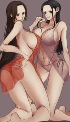 2girls ass babydoll back bare_arms bare_shoulders black_hair blue_eyes boa_hancock breasts cleavage closed_mouth collarbone earrings feet female female_only hand_up head_tilt highres huge_breasts indoors jewelry large_breasts lingerie long_hair looking_at_viewer mixed-language_commentary multiple_girls navel nico_robin nsgw one_piece panties post-timeskip red_babydoll see-through side-tie_panties smile snake_earrings soles stomach strap_slip string_panties tattoo thick_thighs thighs underwear very_long_hair