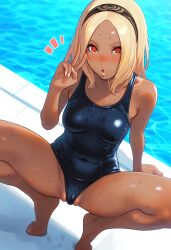 1girls ai_generated barefoot biao-9527 blonde_hair blush breasts covered_navel dark-skinned_female dark_skin female gravity_rush hairband kat_(gravity_rush) lips looking_at_viewer one-piece_swimsuit open_mouth peace_sign poolside posing pussy_lips red_eyes solo spread_legs squatting suggestive swimsuit thighs tiptoes v v_sign wet wet_body